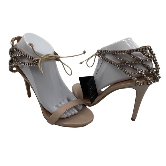 NWT Express Tan Rhinestone Embellished Ankle Strap Heeled Sandals Size 9 Women’s - Picture 1 of 13